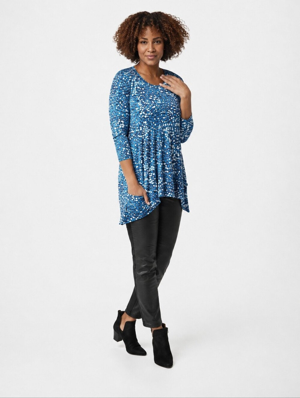 LOGO Lori Goldstein Printed Rayon Tunic Top 3X Blue Abstract Floral High-Low Hem